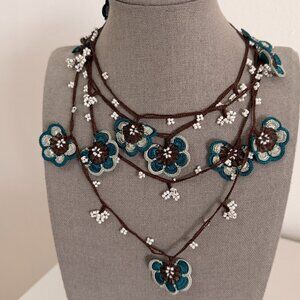 Collectable Traditional Turkish Oya Necklace Teal, Brown, Light Blue